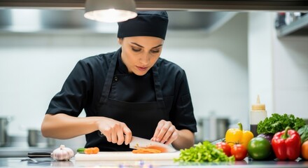 Professional female cook meticulously slices fresh vegetables on a cutting board in a commercial kitchen setting