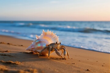 A crab carrying a large seashell on a sandy beach at sunset