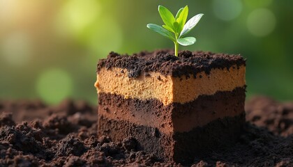 Cross section soil structure. Layers demonstrate carbon sequestration. Young plant grows from layered earth. Eco friendly, climate change, green living, ecology concepts.