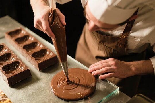Pastry chef piping chocolate into molds and creating a chocolate disc with a swirling pattern