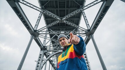 Man pointing at camera under a metal bridge with a colorful jacket and a grey beanie on a cloudy day
