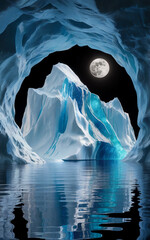 Moonlit Iceberg Reflected in Water Inside Frozen Cave