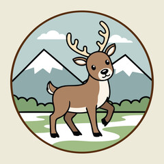 Cute Reindeer Standing with Snowy Mountain Background Winter Animal Character Vector Illustration