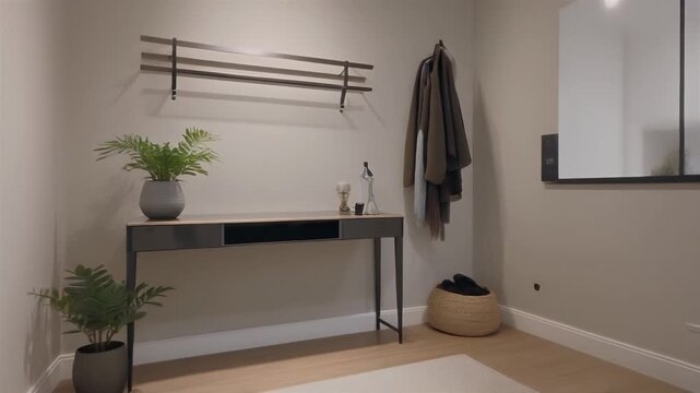 Modern entryway with console table and coat rack.