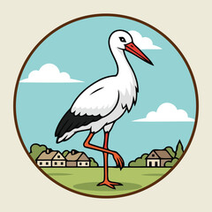 Cute White Stork Standing on One Leg with Village Background Migratory Bird Animal Character Vector Illustration