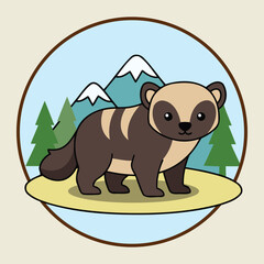 Cute Wolverine Standing with Mountain Forest Background Northern Predator Animal Character Vector Illustration