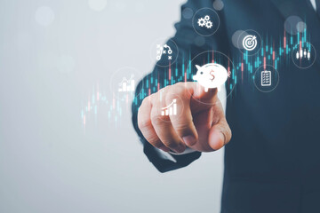 finance and investment concept, invest money, fundraising, ROI return on investment, Interest rate and dividend concept, Businessman is calculating income and return on investment in percentage.