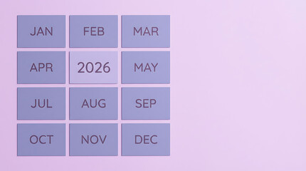 Calendar grid with months and year 2026 displayed on a light purple background.