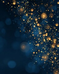 Abstract Dark Blue Background with Golden Bokeh Lights and Sparkles Festive Elegant Design