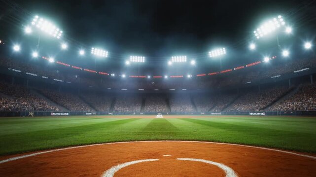 Immersive Wide Shot Capturing a Professional Baseball Stadium at Night