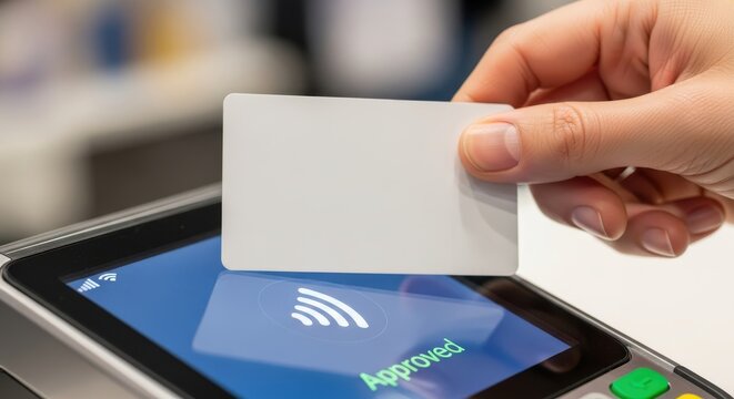 Person completing a digital payment transaction using a blank card over a payment terminal screen