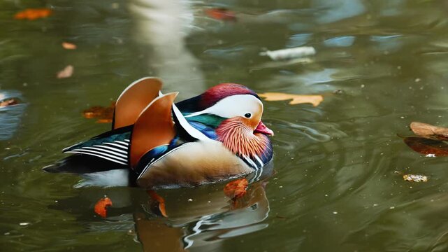Vibrant mandarin duck swims through tranquil water, showcasing colorful plumage and autumn leaves. Concept wildlife, birds, nature, serene environment.