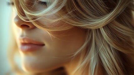 Soft focus close-up of blonde woman with windswept hair, showing partial face with natural pink lips in warm golden light.