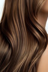 Fototapeta premium Close-up of glossy brunette hair with caramel highlights flowing in soft waves, showcasing healthy shine and dimension for beauty and haircare advertising.