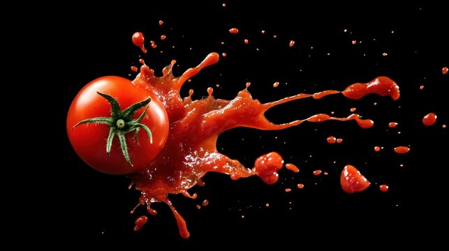 a vibrant tomato emerges in a burst of its own essence, a culinary collision against a deep backdrop showcasing flavor intensity and freshness