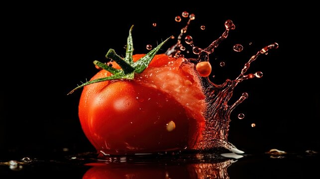 a captivating image showcasing a vibrant red tomato amidst a dynamic splash of liquid against a stark black backdrop creating an intriguing display