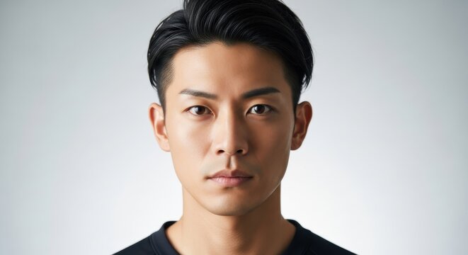 Young adult male portrait centered against a bright, neutral background