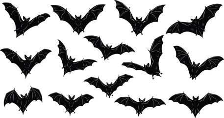 Bat silhouettes, flying bats vector set, Halloween bat illustration, spooky night creatures, gothic bat artwork, black bat designs, vampire bats