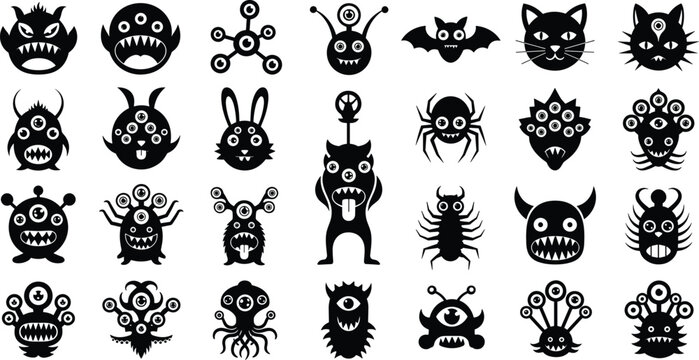 Cute monster silhouettes, funny creature icons, cartoon monster characters, Halloween monster set, spooky fantasy creatures, quirky alien designs vector