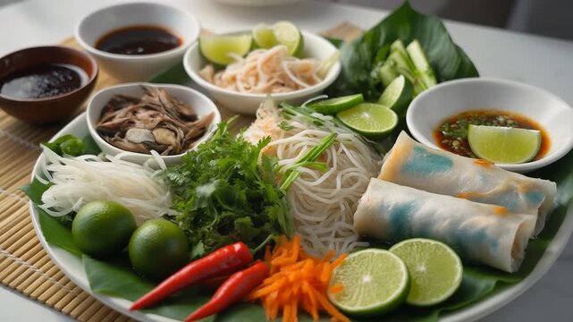 Fresh vegetable plate with lime, mushrooms and spring rolls.