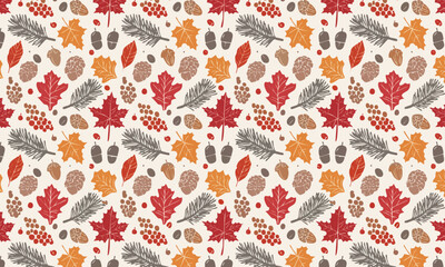 Seamless Autumn Pattern Vector Background with Colorful Fallen Leaves, Acorns, and Pinecones