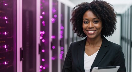 Smiling woman in a server room holding a tablet with purple lights and server racks in the background