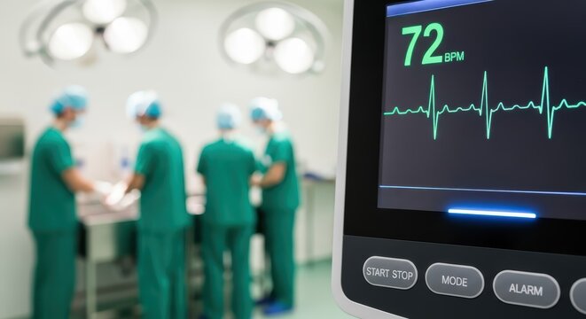 Heart monitor displaying bpm with surgical team in background in operating room setting clearly visible