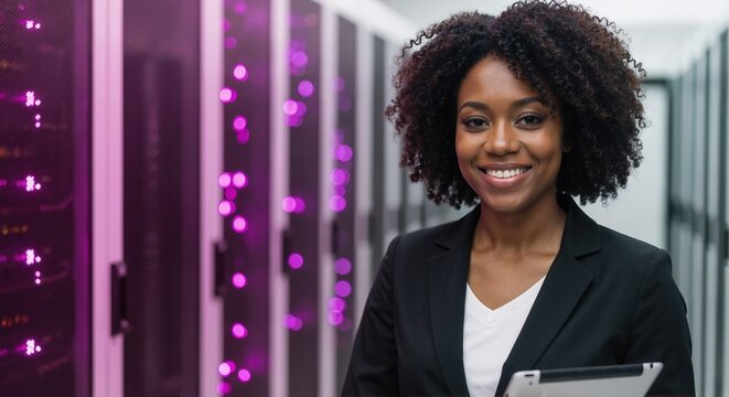 Smiling woman in a server room holding a tablet with purple lights and server racks in the background - Powered by Adobe