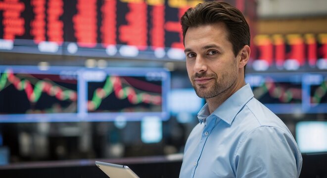 Man in blue shirt holding tablet in front of stock market display smiling at the camera confidently