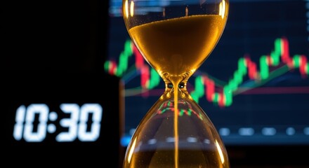 Hourglass with sand flowing in front of a stock market chart and a digital clock showing the time