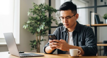 Young adult male focuses intently on a mobile device while seated at a wooden desk with a computer nearby