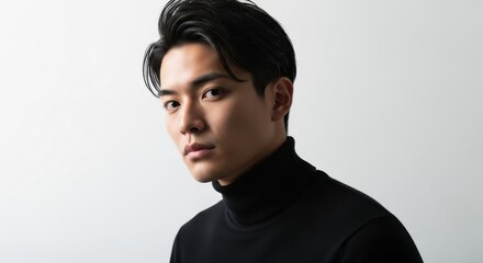 Handsome young man with dark hair gazes intently against a bright background