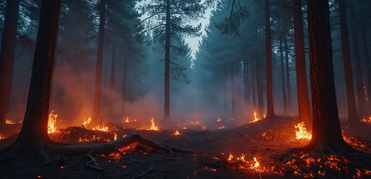 Dark forest floor ablaze with orange flames at night. Smoke rises through tall pine trees creating a hazy, eerie atmosphere. Ground glows with fire and embers.
