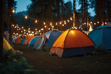 Evening camping scene with multiple colorful tents illuminated by warm string lights in a dark forest setting