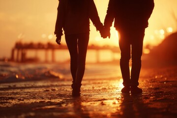 Backlit couple strolling hand in hand by the water's edge at golden hour