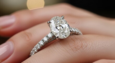Oval cut diamond engagement ring sparkles brightly on a person's finger