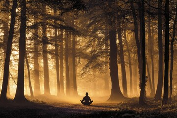 A glowing silhouette of a person meditating in a serene forest, soft golden light filtering through the trees, creating a tranquil atmosphere