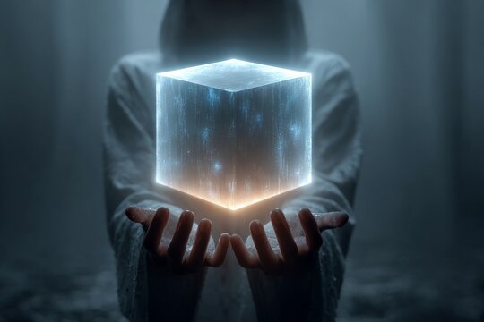Hooded person presenting a radiant textured cube with blue and orange luminescence - Powered by Adobe