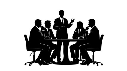 Silhouette of a business meeting with a leader addressing a group of colleagues around a table.