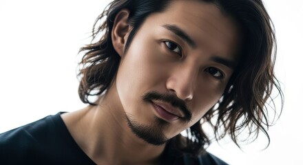 Naklejka premium Handsome man with long dark hair and facial hair looks directly at the viewer