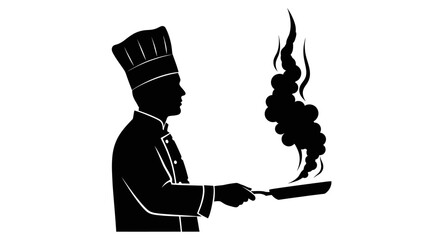Silhouette of a chef in uniform cooking with a pan, smoke rising dramatically.