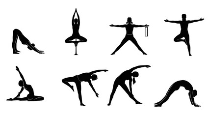 Silhouettes of people performing various yoga and stretching exercises on a white background.