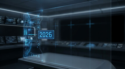 Futuristic control room with glowing blue holographic display showing the year 2026.