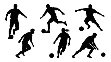 Silhouettes of soccer players in action, showcasing various movements and ball control techniques on a white background.