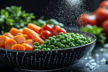 Fresh vegetables in a deep, stylish bowl: sliced carrots, green peas, and ripe cherry tomatoes.