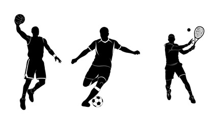 Silhouettes of athletes playing basketball, soccer, and tennis against a white background.