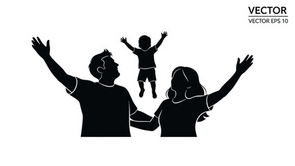 Silhouette of a happy family, father, mother, and child, with arms raised in celebration or joy.