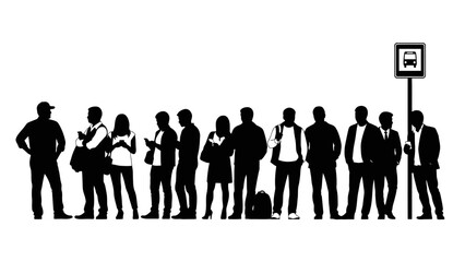 Silhouette of a group of people waiting at a bus stop, in black and white.
