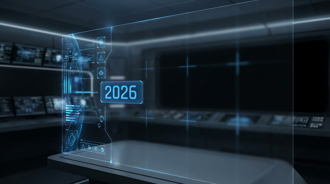 Futuristic control room with glowing blue holographic display showing the year 2026.
