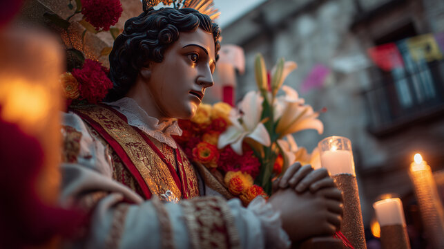 Candlelight illuminates a sacred statue in a religious procession for the traditional Fiestas Patronales de San Sebastián, Veracruz, celebrating local culture